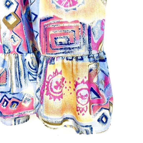 Vintage Handmade Colorful Pastel Abstract Print Short Sleeve Midi Ruffle Dress - Picture 9 of 9